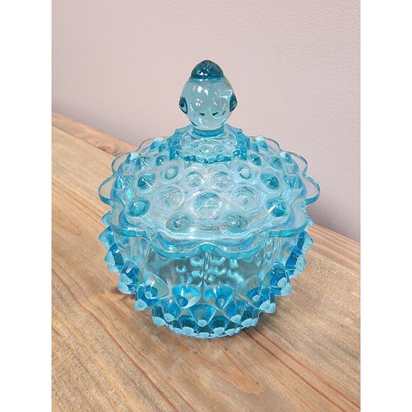 Hobbs Brockunier Candy Sugar w/ Lid Dew Drop Aqua Blue Hobnail Glass c. 1886 - Picture 2 of 7